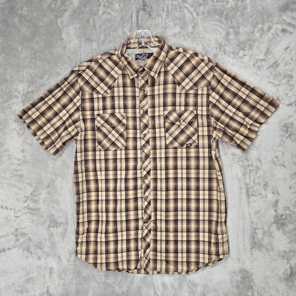 Coastal Western Shirt Mens XL‎ Brown Plaid Pearl Snap Short Sleeve Cotton Earth